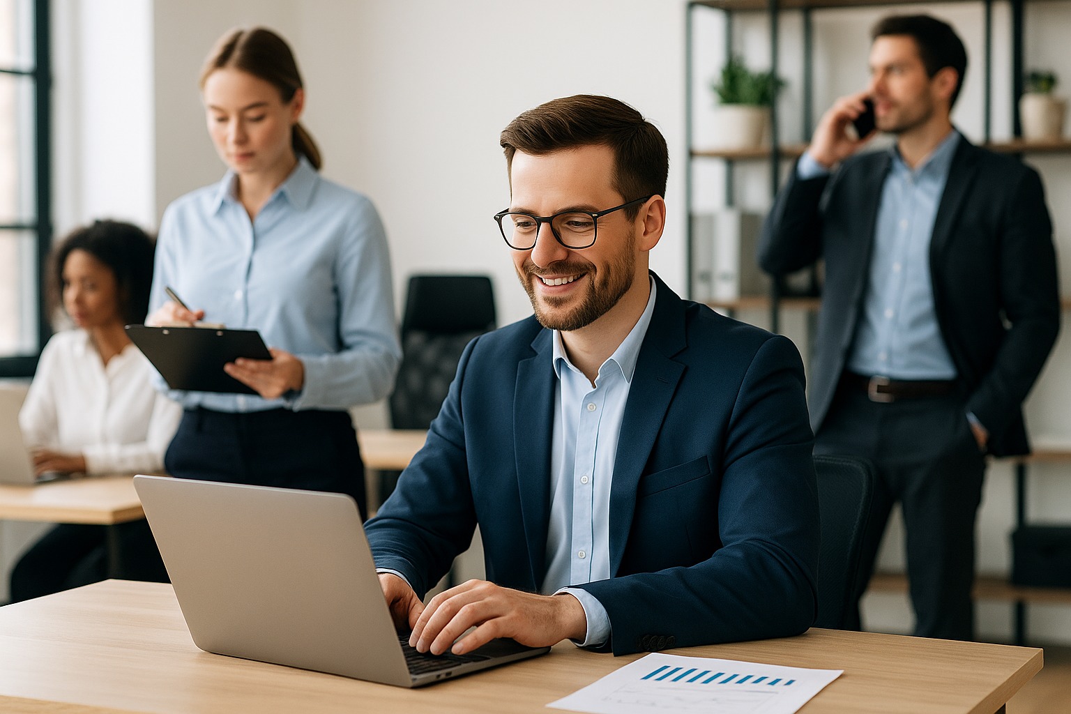 Busy professionals at work in an office