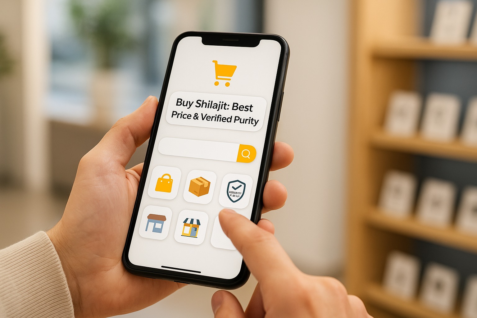 Illustration of buying shilajit online with a laptop and supplement jars