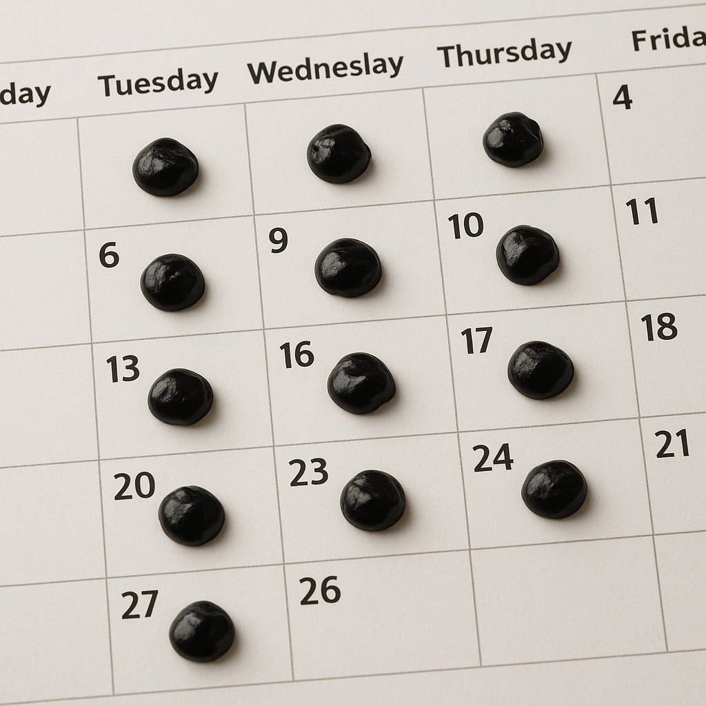 Calendar showing several days marked with a small Shilajit icon to illustrate daily and cyclic routines