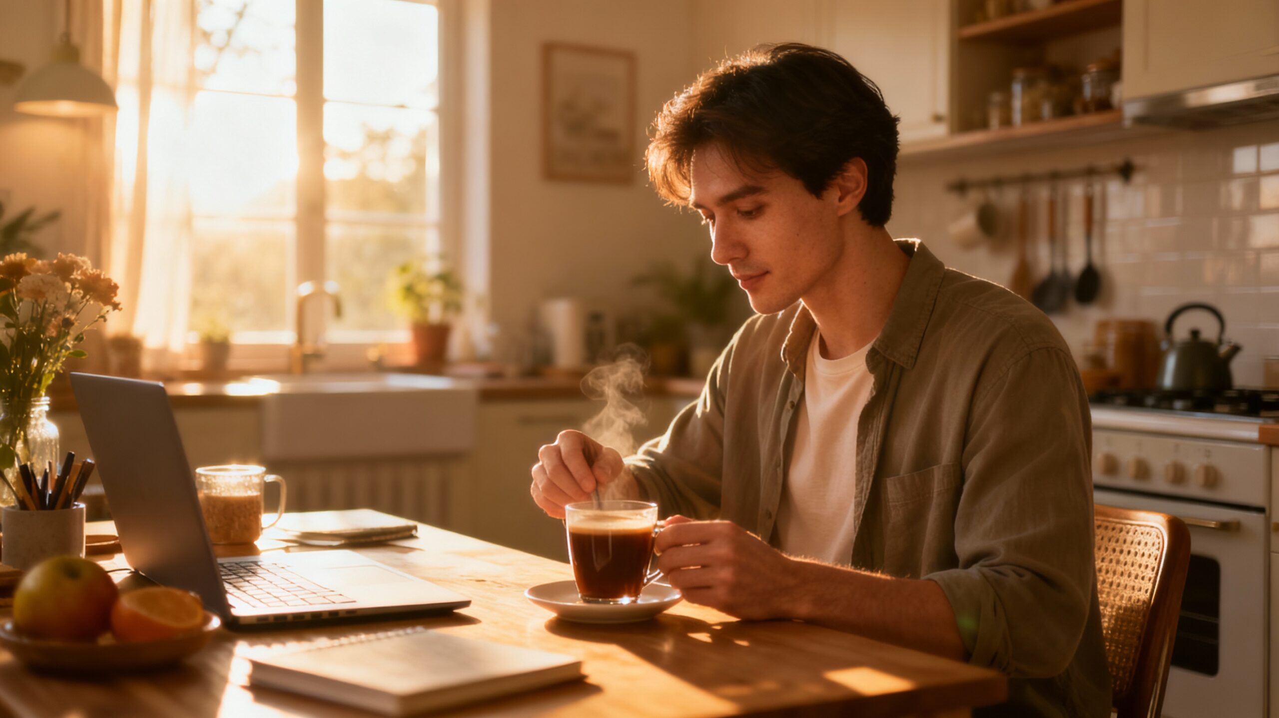Sunlit morning scene with a warm drink and shilajit on a table, representing a simple morning routine