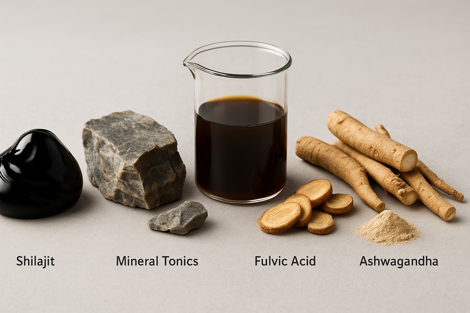 Shilajit resin, a dropper of fulvic liquid, and ginseng and ashwagandha roots with powder arranged together for comparison