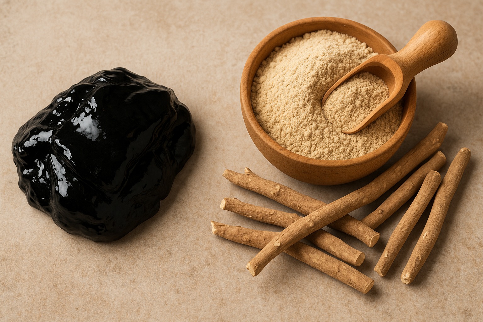 Shilajit resin pieces on one side and dried ashwagandha roots with powdered ashwagandha on the other