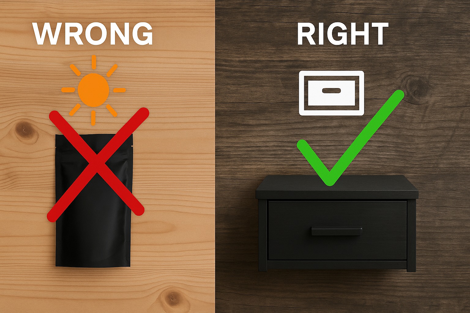 Illustration of a Shilajit jar stored in a cool, dark cupboard beside a clean spoon