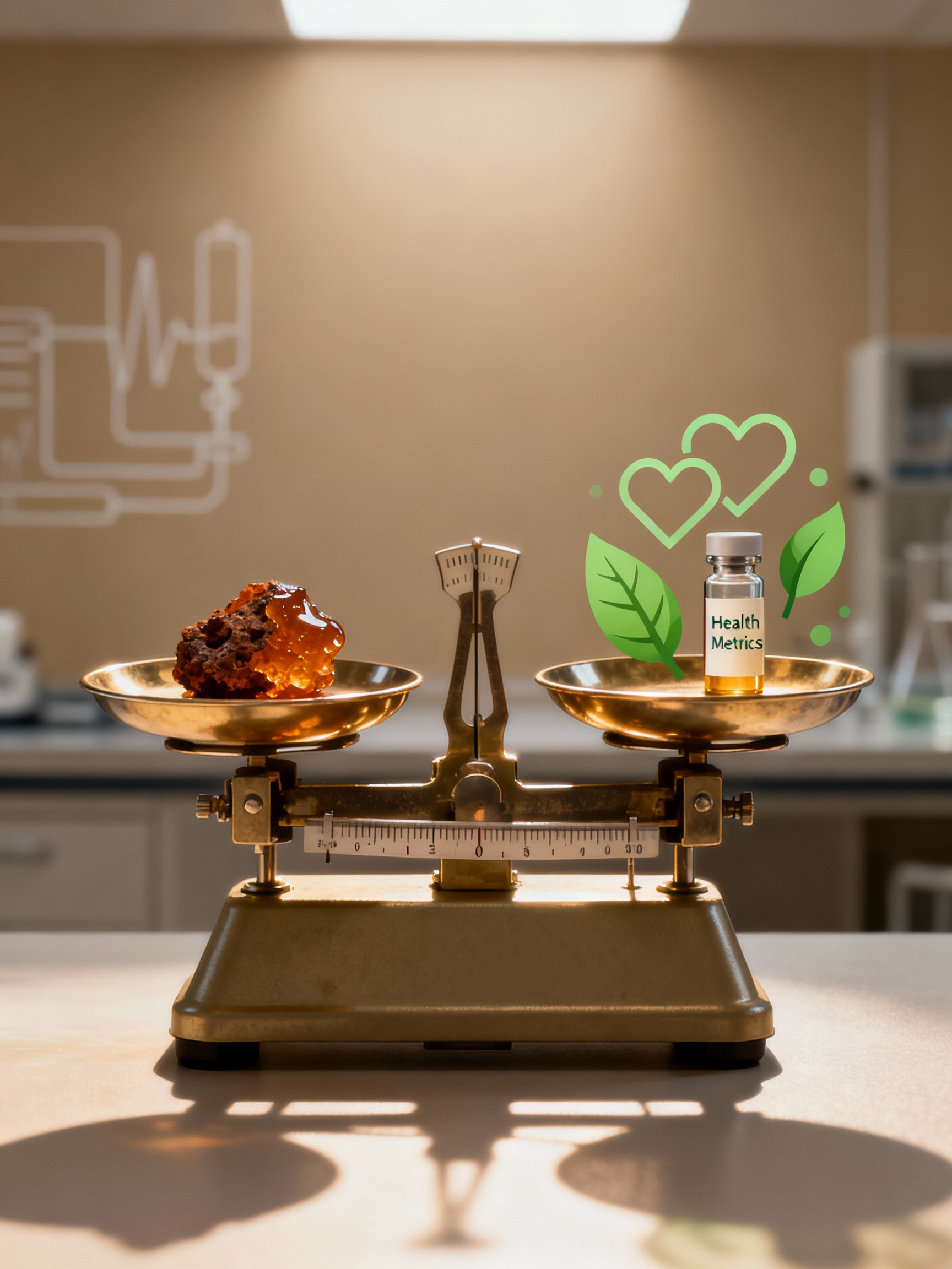 Balanced scale illustration comparing Shilajit resin on one side and health considerations on the other
