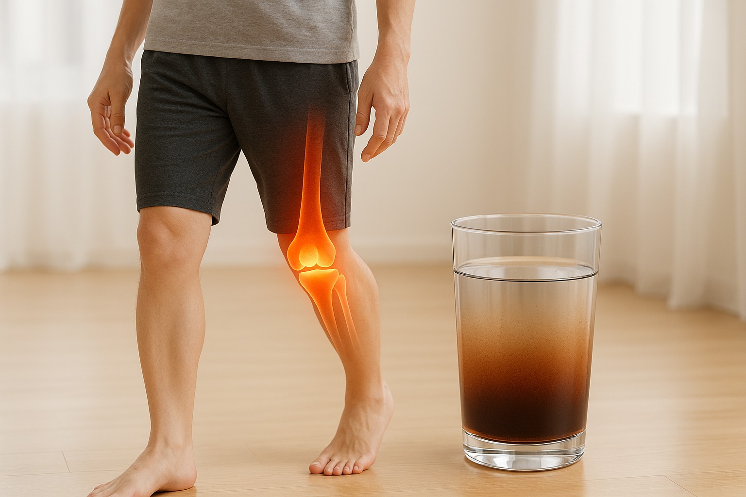 Person walking comfortably outdoors with highlighted knee and hip joints next to a small jar of Shilajit resin
