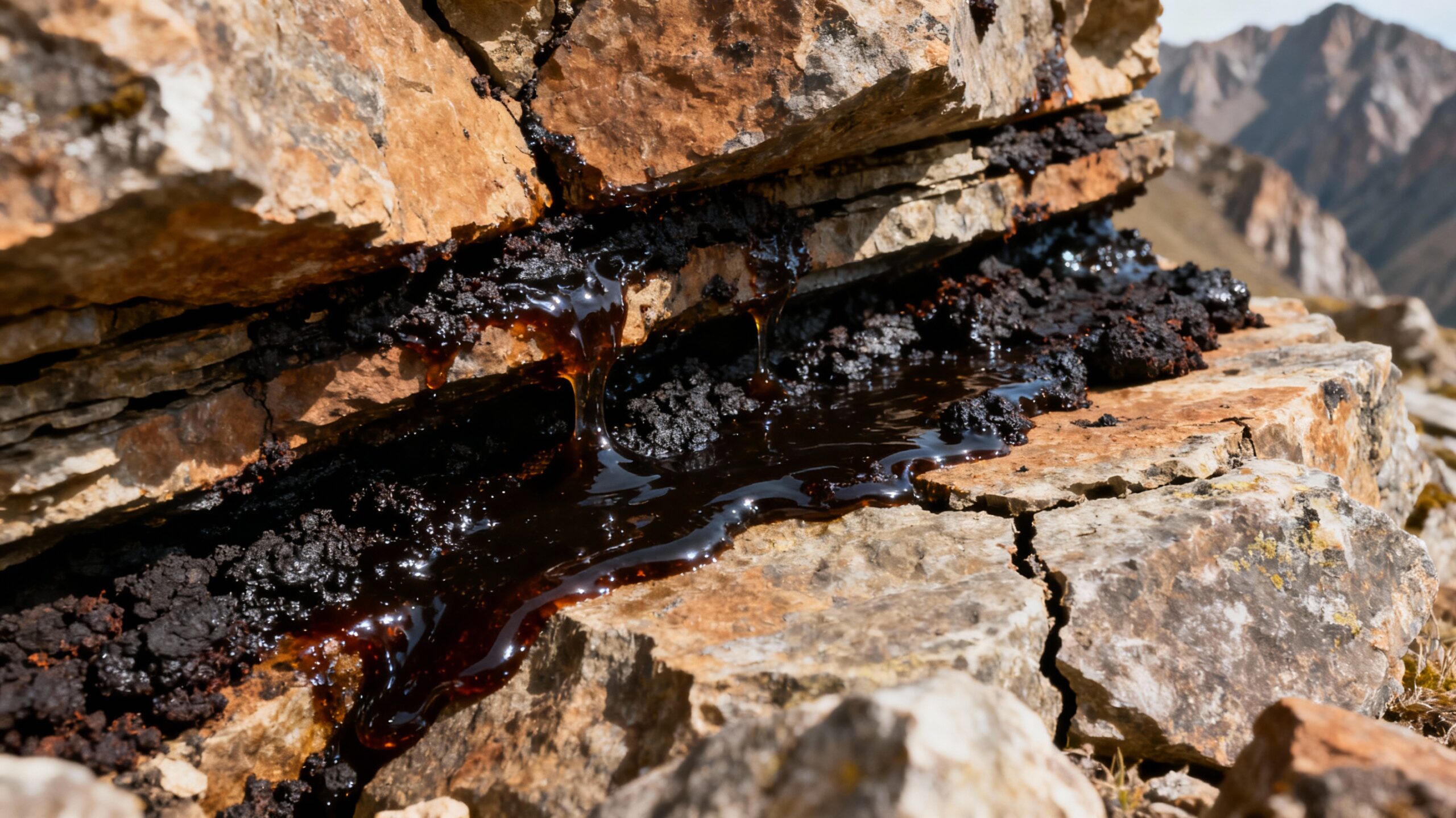 Close-up of dark Shilajit resin on a small dish