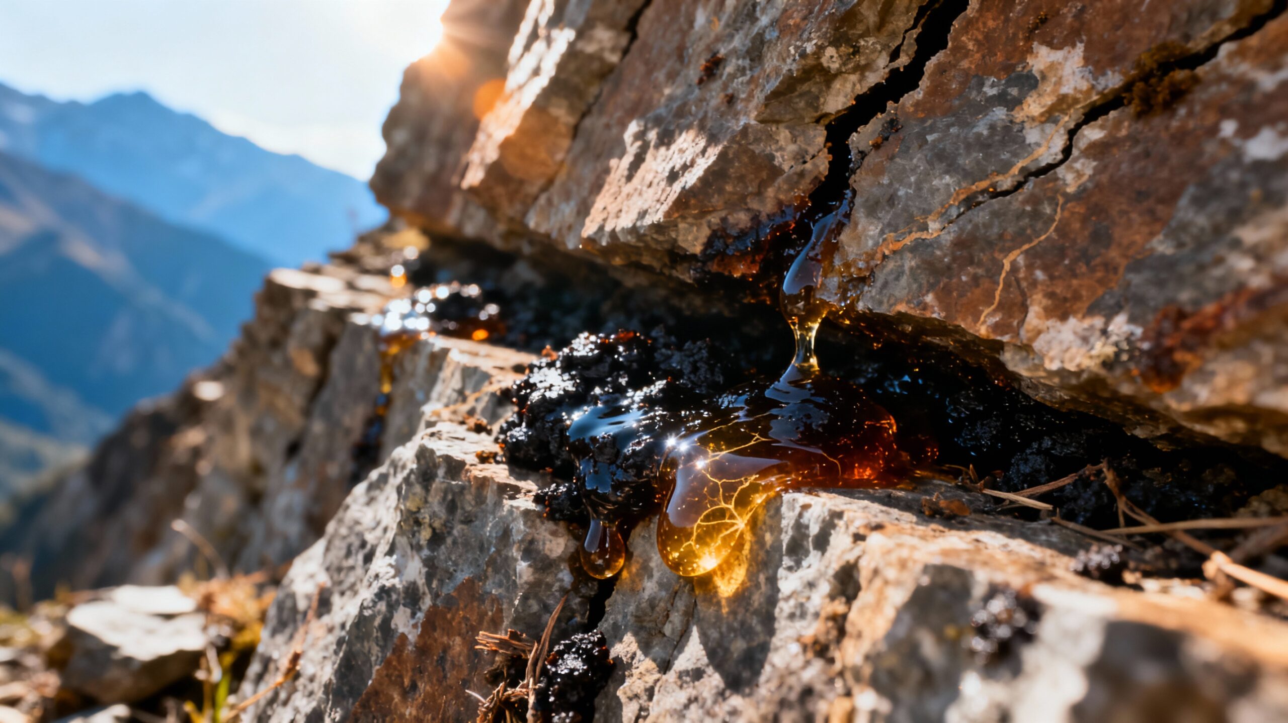 Diagram showing Shilajit forming inside mountain layers and emerging as resin