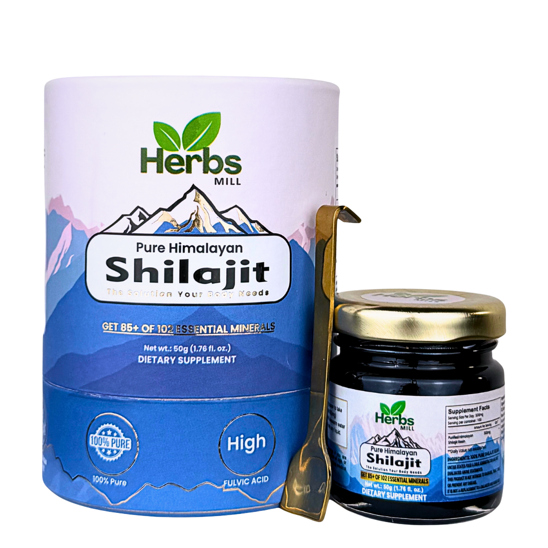 Herbs Mill Pure Himalayan Shilajit glass jar on a natural background