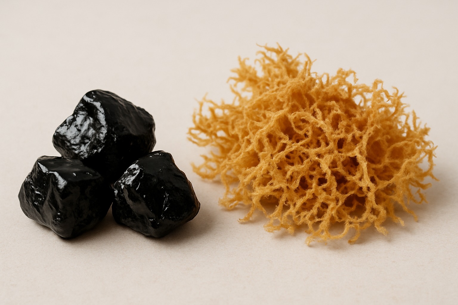 Photograph of Shilajit resin pieces next to sea moss on a neutral background