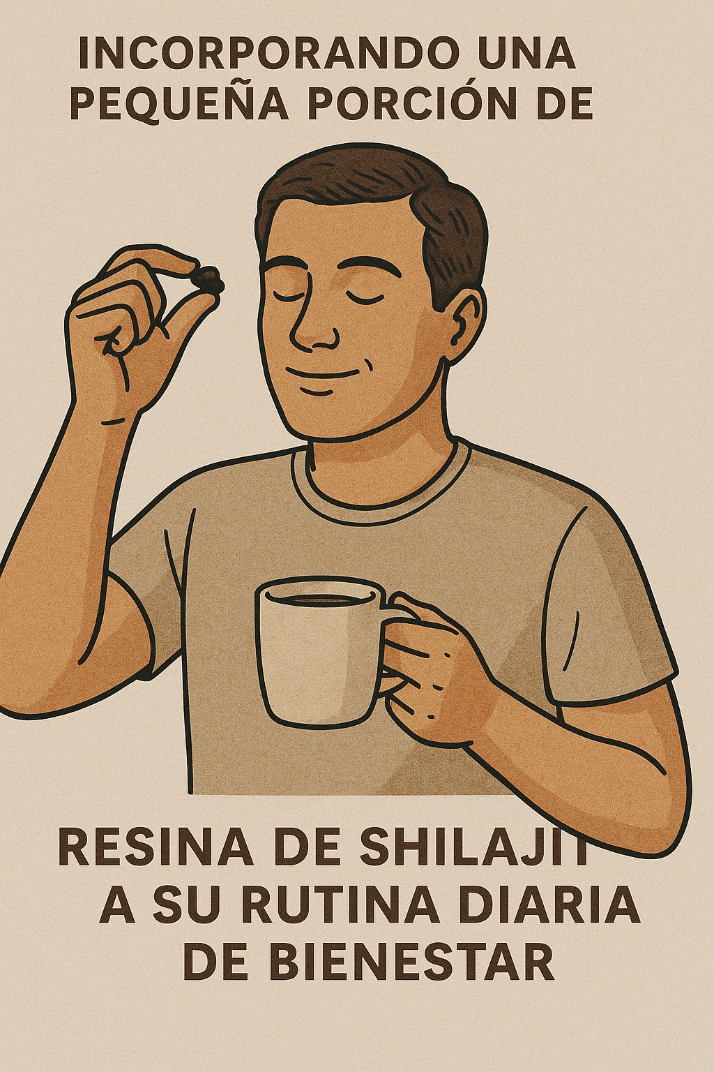Hombre adulto incorporando una pequeña porción de resina de Shilajit a su rutina diaria de bienestar