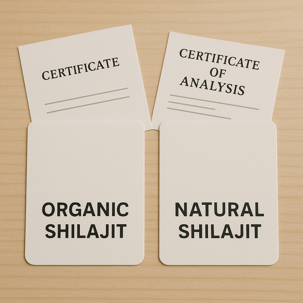 Side-by-side jars labeled Organic Shilajit and Natural Shilajit on a table with labels and certification documents