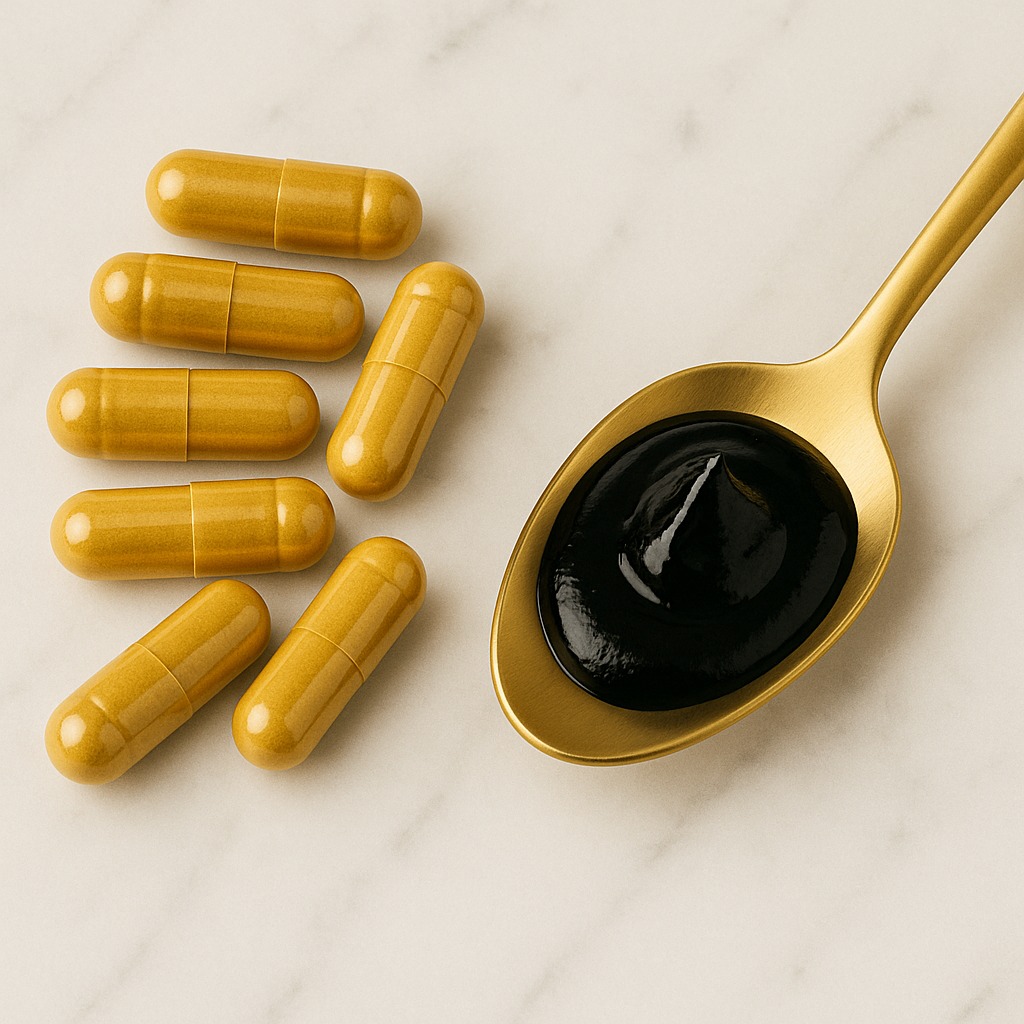 Shilajit Gold capsules and resin on a golden tray, highlighting premium-style Shilajit formulations